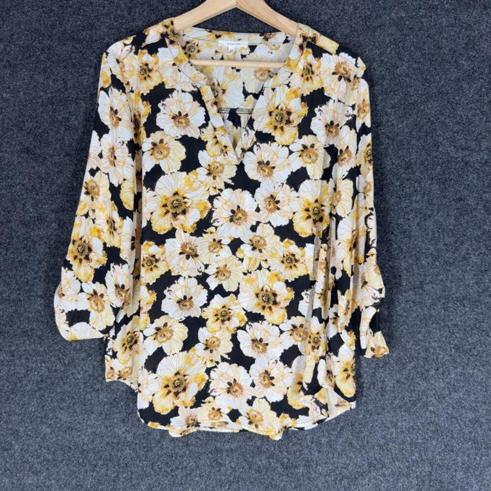 Maurices Blouse Women L Large Black Floral V-Neck Long Sleeve Pullover Casual